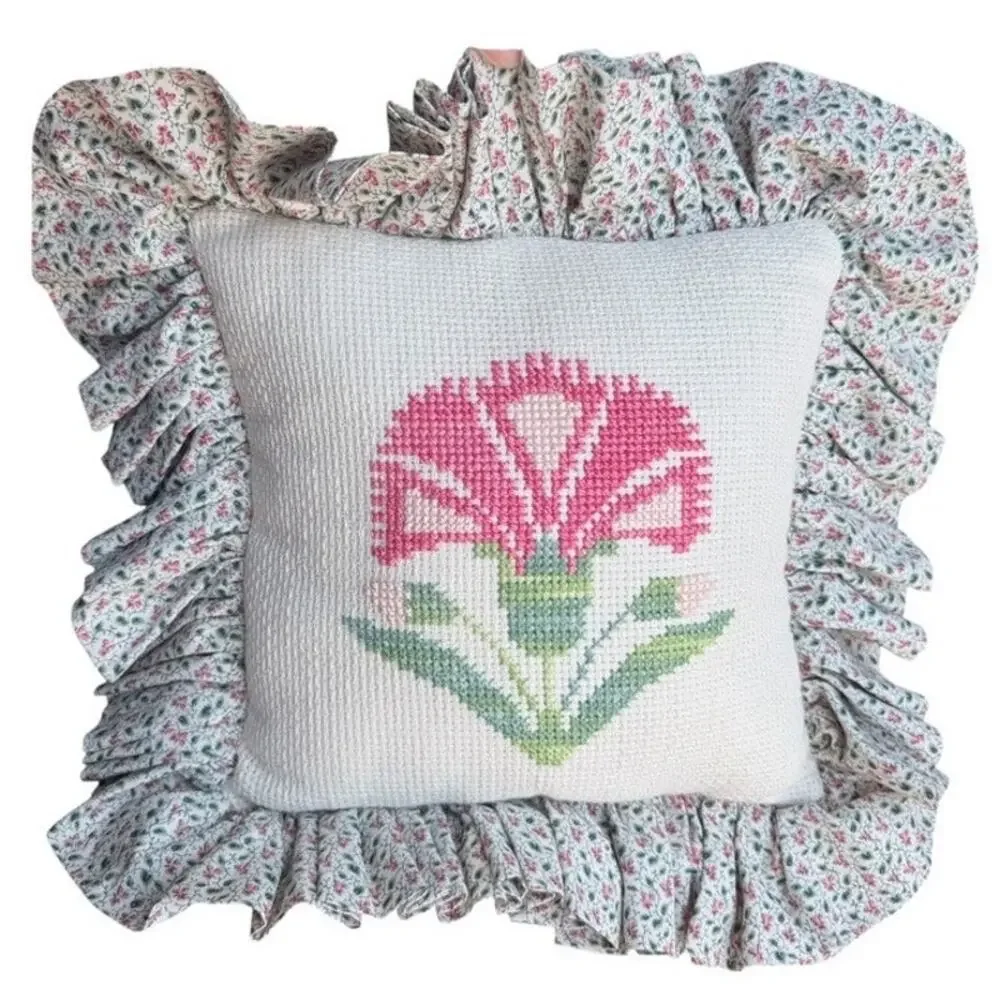 Charming Handmade Needlepoint Flowers Accent Pillows Ruffled Ditsy Floral Trim